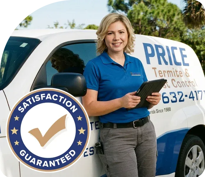 Price Termite and Pest Control technician standing next to company van