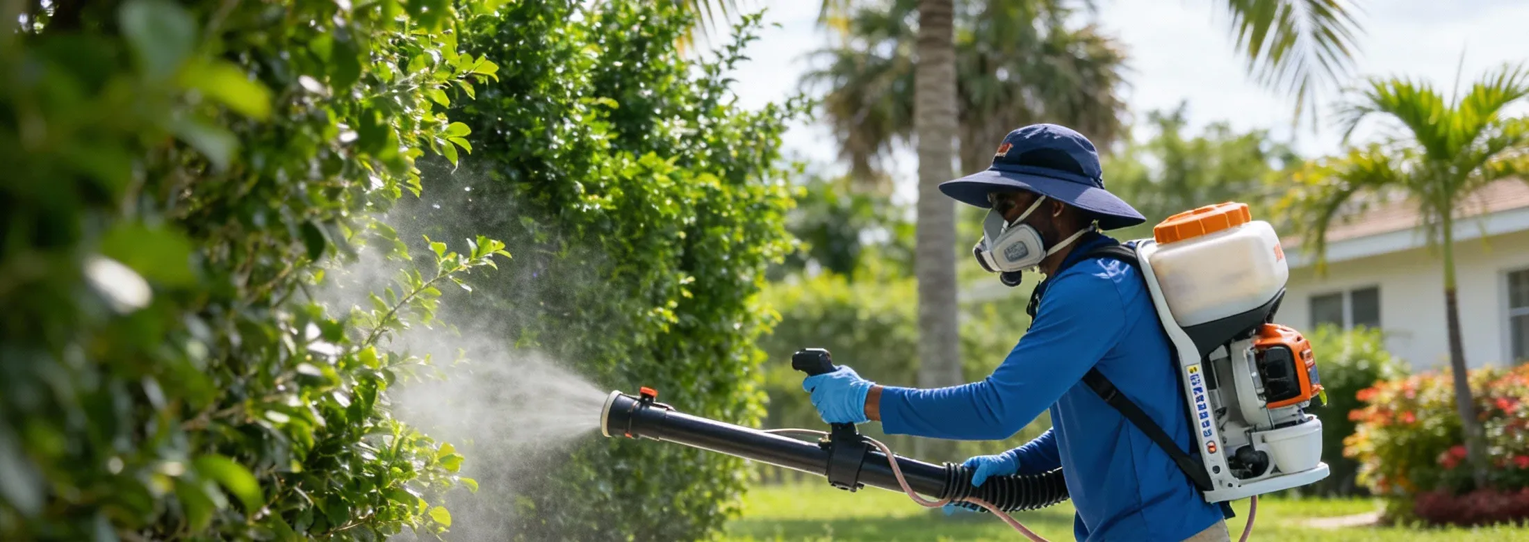 technician spraying shrubs around pool for mosquitoes