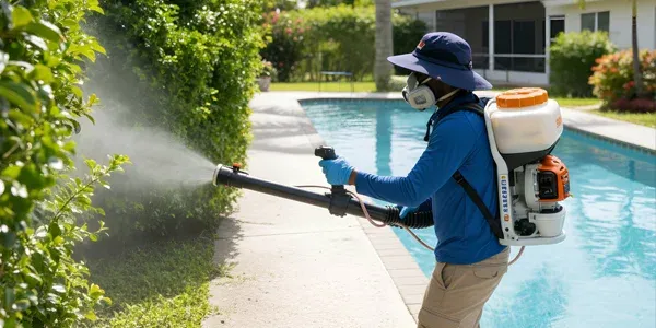 technician spraying around pool